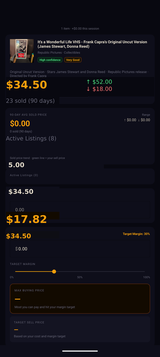 FlipScan analysis screen showing eBay pricing data and profit calculator