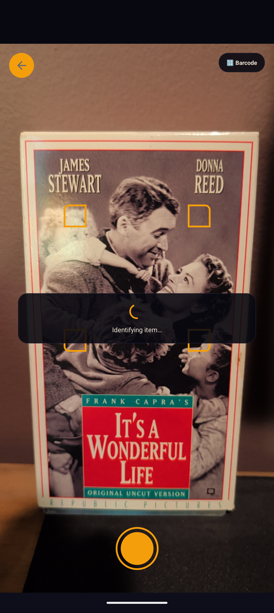 FlipScan camera screen identifying an It's a Wonderful Life VHS tape
