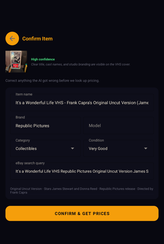 FlipScan confirm item screen showing AI identification of an It's a Wonderful Life VHS