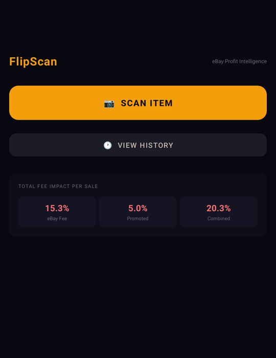 FlipScan home screen showing Scan Item button and fee breakdown