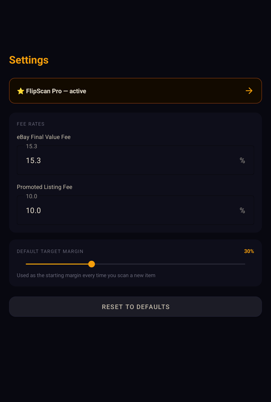 FlipScan settings screen showing fee rates and default margin slider